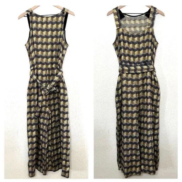 Ace & Jig Jumpsuit Metallic Jacquard Wide Leg Gold Belted Sleeveless Size L - Picture 2 of 14